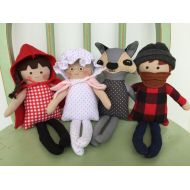 /AButtonAndAStitch Red Riding Hood Set of 4 Dolls, Grandmother, Red Riding Hood, The Woodcutter, and Mr. Wolf