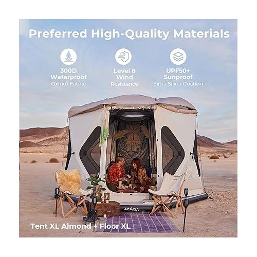  Space Acacia Camping Tent XL, 4-6 Person Large Family Tent with 6'10'' Height, 2 Doors, 8 Windows, Waterproof Pop Up Easy Setup Hub Tent with Rainfly, Footprint for Car Camping, Glamping, Cocoa