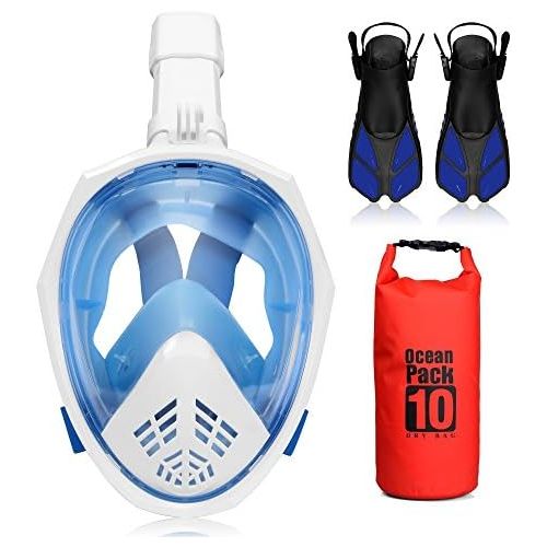  ACALI Faltbare Tauchmaske Vollgesichtsmaske Schnorcheln Maske Set + Tauchflossen und 10L PVC Wasserdicht Dry Bag-180 Grad Sichtfeld f¨¹r Erwachsene, Kinder, Gopro Kamera montieren