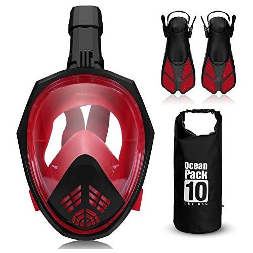  ACALI Faltbare Tauchmaske Vollgesichtsmaske Schnorcheln Maske Set + Tauchflossen und 10L PVC Wasserdicht Dry Bag-180 Grad Sichtfeld f¨¹r Erwachsene, Kinder, Gopro Kamera montieren