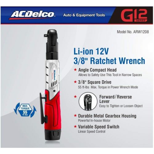  [아마존베스트]ACDelco Cordless 3/8 Ratchet Wrench 12V Angled 55 ft-lb Tool Set with 1 Batteries - Regular Charger - Carrying Case ,ARW1208