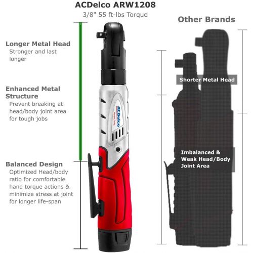  [아마존베스트]ACDelco Cordless 3/8 Ratchet Wrench 12V Angled 55 ft-lb Tool Set with 1 Batteries - Regular Charger - Carrying Case ,ARW1208