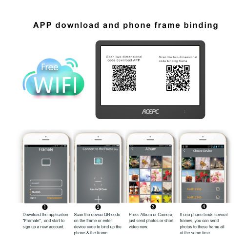  Digital Wifi Photo Frame,ACEPC P1 8 inch Digital Touch-Screen WIFI Cloud Frame with High Resolution LCD Screen and Free 10GB Cloud Storage, Built-in Speaker Slideshow Function for