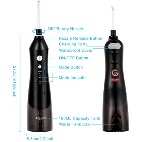  ACEVIVI Water flosser Oral Irrigator for Teeth with 4 Jet tips Cordless Rechargeable Portable Power Dental Flosser 180ml, Black