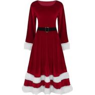 ACSUSS Womens Soft Velvet Santa Claus Costume Christmas Cosplay Outfit Long Sleeve Midi Dress