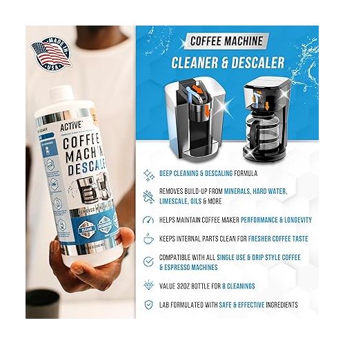  Coffee Machine Descaler Descaling Solution - 32oz (8 Uses) Compatible with Keurig, Nespresso, Breville, Delonghi, Jura, Ninja - Espresso Coffee Maker Cleaner, Coffee Pot Cleaning Limescale Remover