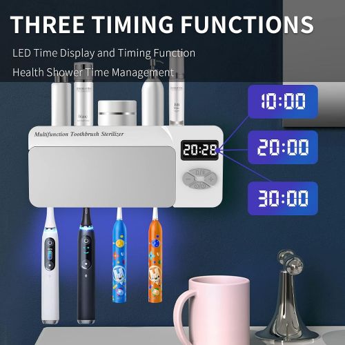  AD ALICE DREAMS UV Toothbrush Sanitizer, Multifunctional Bathroom Wall Mounted Toothbrush Holder with Bluetooth Music Player, 4000mAh USB Charging, Shower Clock Timer, Electric Toothbrushes Organi