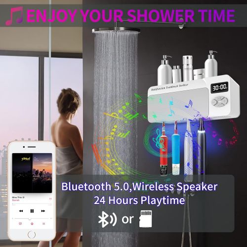  AD ALICE DREAMS UV Toothbrush Sanitizer, Multifunctional Bathroom Wall Mounted Toothbrush Holder with Bluetooth Music Player, 4000mAh USB Charging, Shower Clock Timer, Electric Toothbrushes Organi
