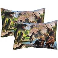 ADASMILE A & S 2 Pieces Kids Pillow Cases Dinosaur World Print Standard Size Envelope Pillowcases Soft Dinosaur Pillow Shams Home Decorative 20X30