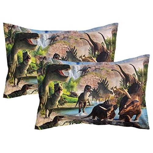  ADASMILE A & S 2 Pieces Kids Pillow Cases Dinosaur World Print Standard Size Envelope Pillowcases Soft Dinosaur Pillow Shams Home Decorative 20X30