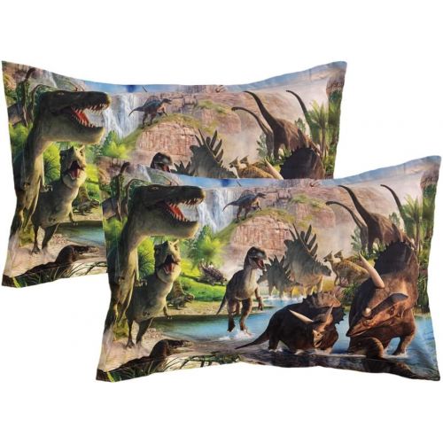  ADASMILE A & S 2 Pieces Kids Pillow Cases Dinosaur World Print Standard Size Envelope Pillowcases Soft Dinosaur Pillow Shams Home Decorative 20X30