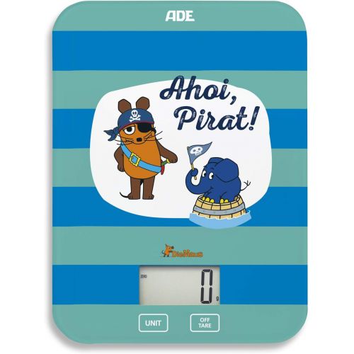  ADE Die Sendung mit der Maus - Kuechenwaage Ahoi Pirat (Digitale Waage fuer Kueche und Haushalt, prazise und grammgenau bis 5 kg, mit Batterie) blau gruen