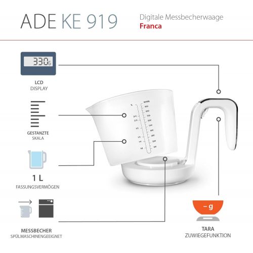  ADE Digitale Messbecherwaage KE 919 Franca. Elektronische Kuechenwaage mit abnehmbarem Messbecher zum Wiegen und Messen. Mit Zuwiegefunktion (Tara). Inkl. Batterie. Weiss - Schwarz