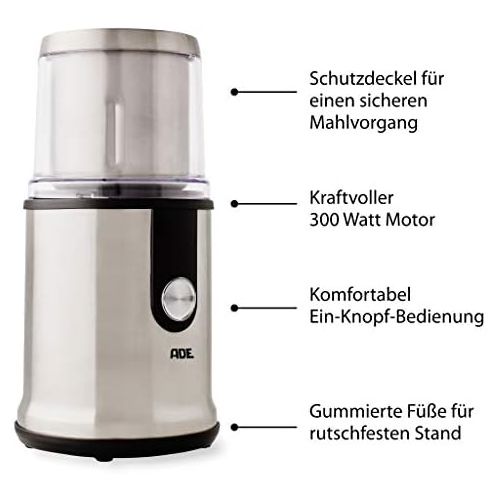  ADE Gewuerz- und Kaffeemuehle KA 1805 (Zerkleinerer mit 300 Watt Leistung, 2 Mahlbehalter aus Edelstahl, extrascharfe Klingen, GS-zertifiziert) silber