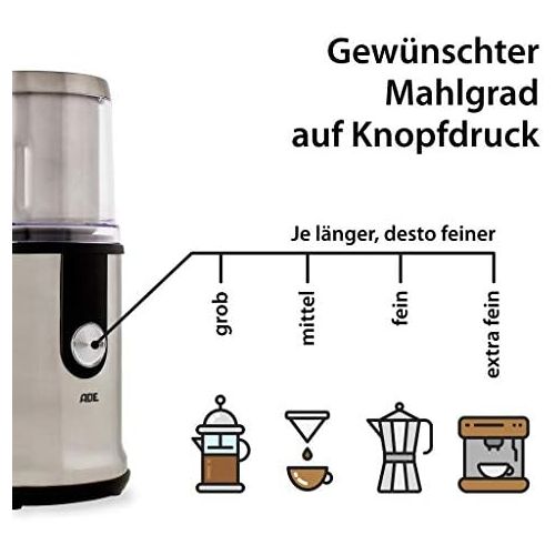  ADE Gewuerz- und Kaffeemuehle KA 1805 (Zerkleinerer mit 300 Watt Leistung, 2 Mahlbehalter aus Edelstahl, extrascharfe Klingen, GS-zertifiziert) silber