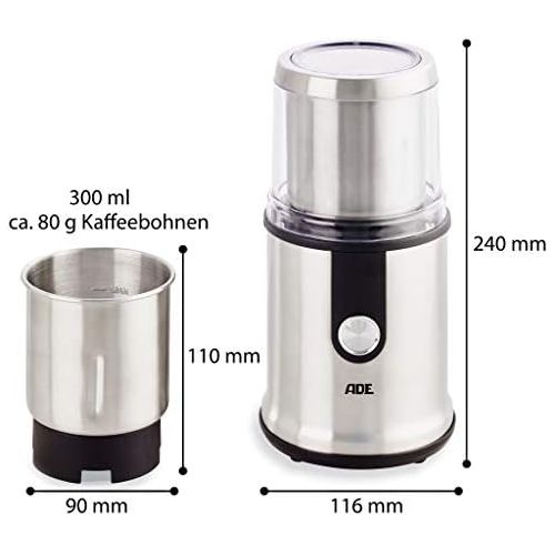  [아마존베스트]ADE KA1805 Multifunctional Coffee Grinder Spice Mill (Crusher, 2 Grinding Containers, Extra Sharp Blades, GS Certified), Stainless Steel, 300 ml