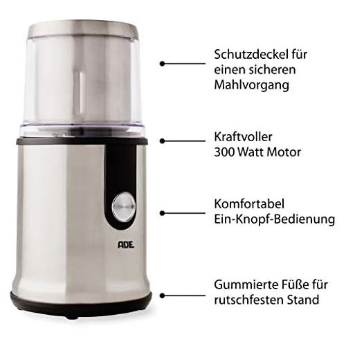  [아마존베스트]ADE KA1805 Multifunctional Coffee Grinder Spice Mill (Crusher, 2 Grinding Containers, Extra Sharp Blades, GS Certified), Stainless Steel, 300 ml