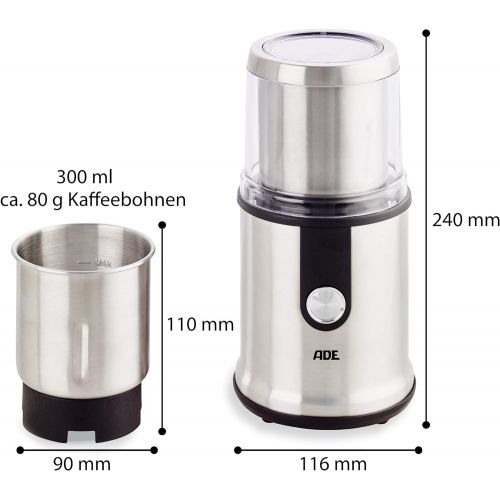  [아마존베스트]ADE KA1805 Multifunctional Coffee Grinder Spice Mill (Crusher, 2 Grinding Containers, Extra Sharp Blades, GS Certified), Stainless Steel, 300 ml