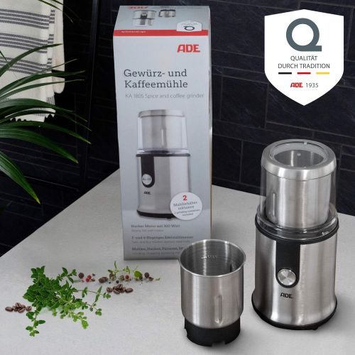  [아마존베스트]ADE KA1805 Multifunctional Coffee Grinder Spice Mill (Crusher, 2 Grinding Containers, Extra Sharp Blades, GS Certified), Stainless Steel, 300 ml