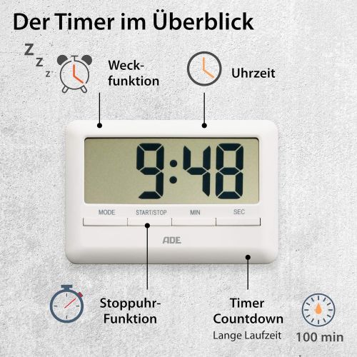  [아마존베스트]ADE Digital Kitchen Timer TD 1600 (The Worlds Flatest Timer Including Time, Alarm, Countdown and Stopwatch, Magnetic Hanger, LCD Display) White