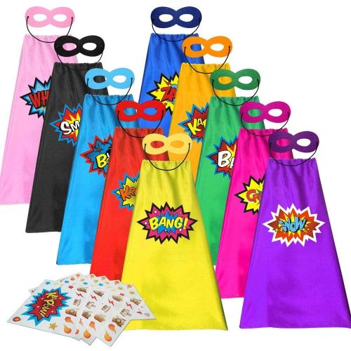  ADJOY Kids Superhero Capes and Masks with Large Superhero Stickers - Super Hero Costume for Parties - 10 Sets (20PCS)