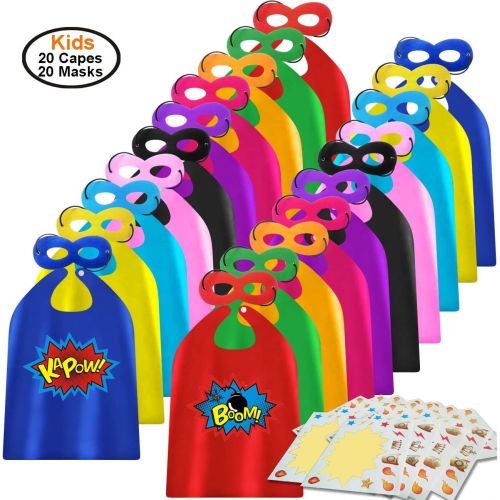  ADJOY Kids Superhero Capes and Masks 20 Sets Pack with Large Stickers - Superhero Themed Birthday Party Capes