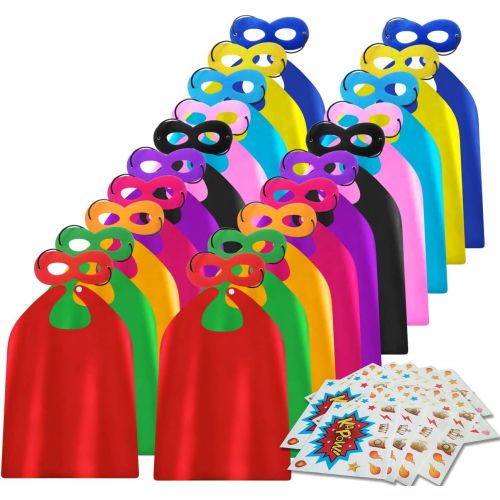  ADJOY Kids Superhero Capes and Masks 20 Sets Pack with Large Stickers - Superhero Themed Birthday Party Capes