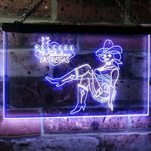  ADVPRO Cowgirl Welcome to Las Vegas Beer Bar Display Dual Color LED Neon Sign White & Blue 16 x 12 st6s43-i2737-wb