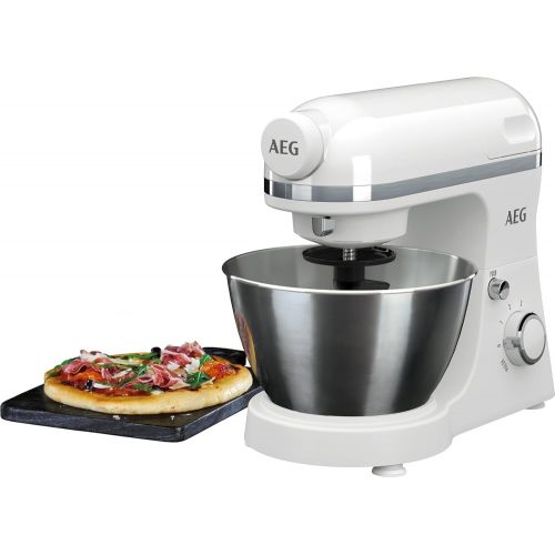  AEG KM 3200 Kuechenmaschine (1 PS, 6 Geschwindigkeitsstufen, Pulse-Funktion, inkl. Umfangreiches Zubehoer und aufsetzbarer Standmixer, 4 l Edelstahl-Ruehrschuessel mit Spritzschutz, Sa