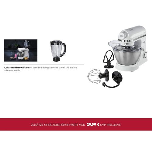  AEG KM 3200 Kuechenmaschine (1 PS, 6 Geschwindigkeitsstufen, Pulse-Funktion, inkl. Umfangreiches Zubehoer und aufsetzbarer Standmixer, 4 l Edelstahl-Ruehrschuessel mit Spritzschutz, Sa