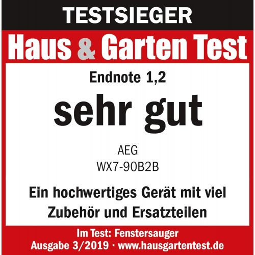  Besuchen Sie den AEG-Store AEG WX7-90B2B Fenstersauger (Inkl. Zubehoer + Abziehlippen aus Naturkautschuk, Spruehflasche, nur 60 db(A), breite Saugduese, 3 LED-Ladekontrollleuchte, 110 ml Wassertank, 90 min Lauf