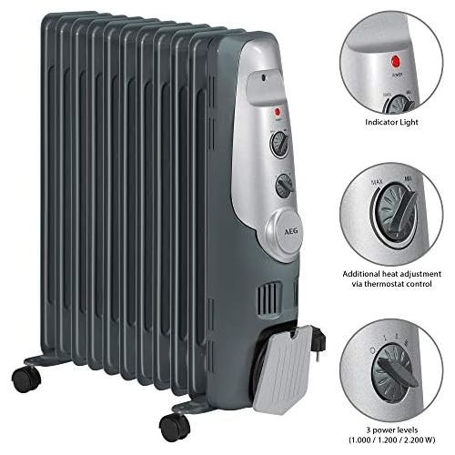  AEG RA 5522 11-Rippen-OElradiator, 2200 Watt, 3 Leistungsstufen, Warmeregulierung, Kabelaufwicklung, 4 Leichtlauf-Rollen