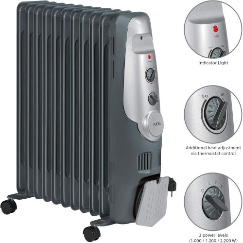  AEG RA 5522 11-Rippen-OElradiator, 2200 Watt, 3 Leistungsstufen, Warmeregulierung, Kabelaufwicklung, 4 Leichtlauf-Rollen