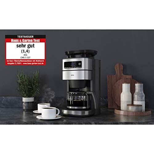  [아마존베스트]AEG CM6-1-5ST Coffee Machine (Integrated Grinder, 3 Grind Settings, Programmable Timer, Coffee Powder or Coffee Beans, Aroma Function, 1.25 L Glass Jug, Safety Shut-Off, Stainless