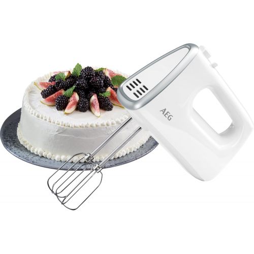  AEG HM 3330 Hand Mixer / 5 Variable Speed Levels / Turbo Function for Maximum Power / Eject Button / 2 Whisks and 2 Dough Hooks Dishwasher Safe / 450 Watt / 1 m Cable / White / Sil