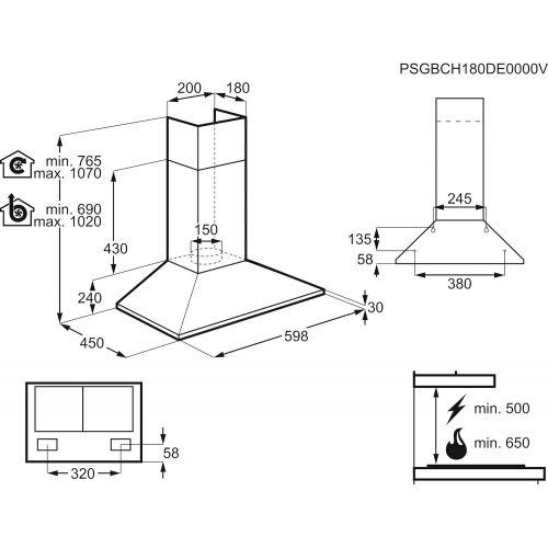  [아마존베스트]AEG DKB2630M Chimney Cooker Hood / Extractor or Recirculation / 60 cm / Stainless Steel / Max. 225 m³/h / Min. 57 - Max. 70 dB(A) / D / Short Stroke Buttons