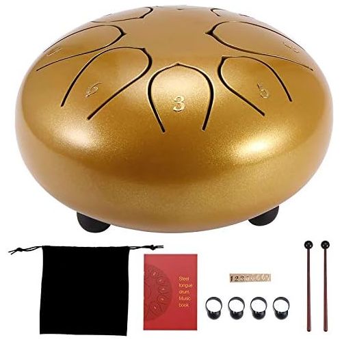  [아마존베스트]AEUWIER Steel Tongue Drum - 8 Notes 6 Inch Percussion Instrument Handpan Drum with Travel Bag, Mallets, Music Book, Finger Cover, Sticker