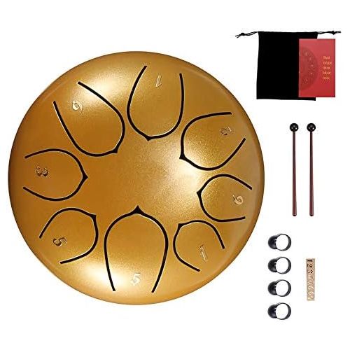  [아마존베스트]AEUWIER Steel Tongue Drum - 8 Notes 6 Inch Percussion Instrument Handpan Drum with Travel Bag, Mallets, Music Book, Finger Cover, Sticker