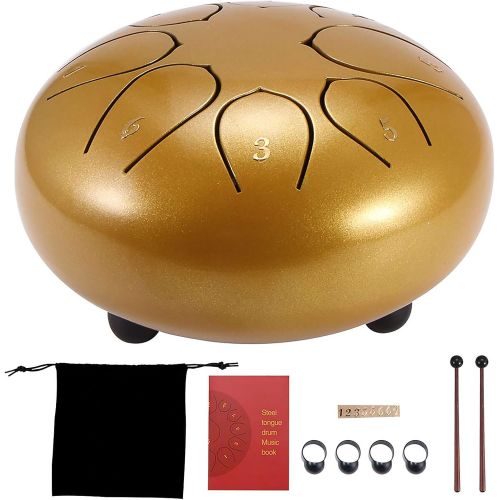  [아마존베스트]AEUWIER Steel Tongue Drum - 8 Notes 6 Inch Percussion Instrument Handpan Drum with Travel Bag, Mallets, Music Book, Finger Cover, Sticker