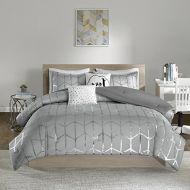 AF ULTRA 5 Piece Cal King Girl Geometrical Comforter Set, Allover Glam Metallic Abstract Pattern, Casual Flaunts Eye Catching Design, Fabulous Embroidered Themed, Printed Bedding, Silver Gr