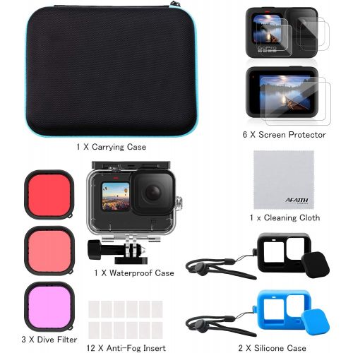  AFAITH 6 in 1 Accessories Kit for GoPro Hero 9/10 Black, Carrying Case + Waterproof Case + Silicone Case + 3 Dive Filter + 12 pcs Anti-Fog Insert + 6 pcs Screen Protector for GoPro