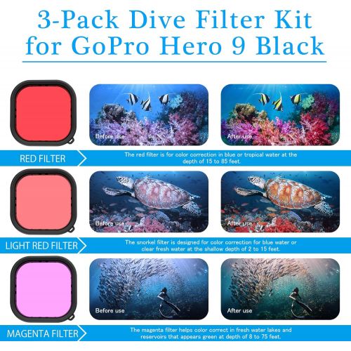  AFAITH 6 in 1 Accessories Kit for GoPro Hero 9/10 Black, Carrying Case + Waterproof Case + Silicone Case + 3 Dive Filter + 12 pcs Anti-Fog Insert + 6 pcs Screen Protector for GoPro
