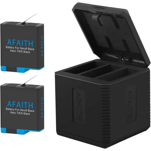  AFAITH Battery Charger for GoPro Hero 8/7/6/5 Black, 2-Pack Batteries + 3-Slot Charging Box Quick Charger + Type C Cable for GoPro Hero 8/7/6/5 Black