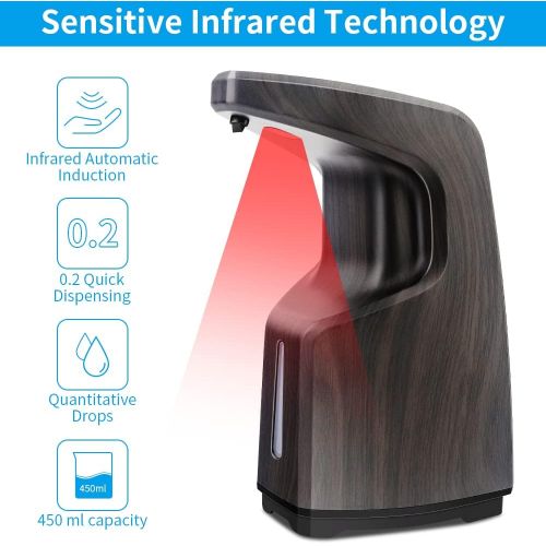  AFMAT Automatic Soap Dispenser, Hand Sanitizer Dispenser Foaming, Touchless Foam Soap Dispenser Battery Operated for Home Kitchen Bathroom, w/Adjustable Volume, 15.2 oz /450ml-Wood