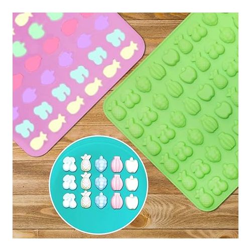  Silicone Candy Molds，AFUNTA 4 Pcs 66-Cavity Non-Stick Mini Fruit Silicone Gummy Mold with 4 Pcs Dropper for DIY Gummy, Ice, Jelly, Chocolate, Candy - Green,Blue,Pink,Purple