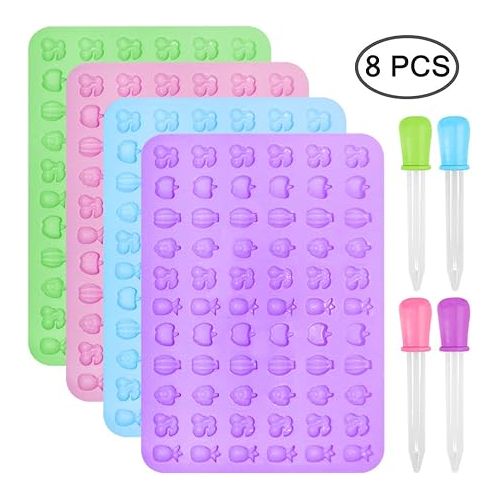  Silicone Candy Molds，AFUNTA 4 Pcs 66-Cavity Non-Stick Mini Fruit Silicone Gummy Mold with 4 Pcs Dropper for DIY Gummy, Ice, Jelly, Chocolate, Candy - Green,Blue,Pink,Purple