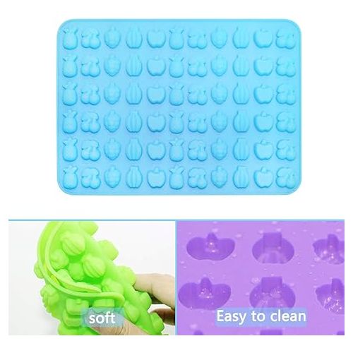  Silicone Candy Molds，AFUNTA 4 Pcs 66-Cavity Non-Stick Mini Fruit Silicone Gummy Mold with 4 Pcs Dropper for DIY Gummy, Ice, Jelly, Chocolate, Candy - Green,Blue,Pink,Purple