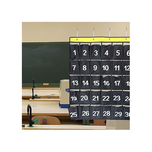  AFUNTA 30 Numbered Pockets Classroom Calculator Holder & Cell Phone Pockets Chart Organizer Hanging Door and Wall Storage Bag with 4 Adhesive Hooks / 4 Door Hooks - Navy