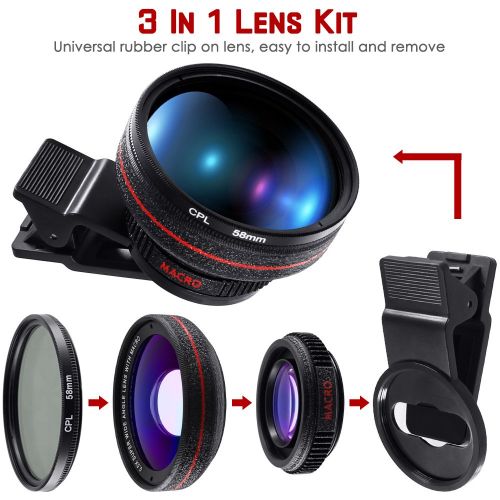  3 in 1 Mobile Phone Camera Lens Kit, AFUNTA HD Clip-on 0.5X Super Wide Angle, 12.5X Macro and Circular Polarized Lens CPL Compatible iPhone iPad Samsung Most Smartphone Cell Phone