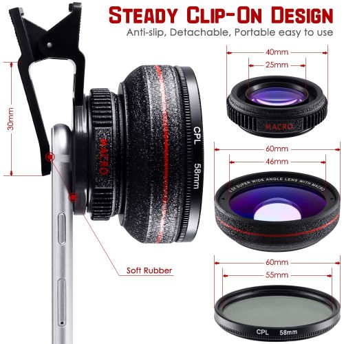  3 in 1 Mobile Phone Camera Lens Kit, AFUNTA HD Clip-on 0.5X Super Wide Angle, 12.5X Macro and Circular Polarized Lens CPL Compatible iPhone iPad Samsung Most Smartphone Cell Phone